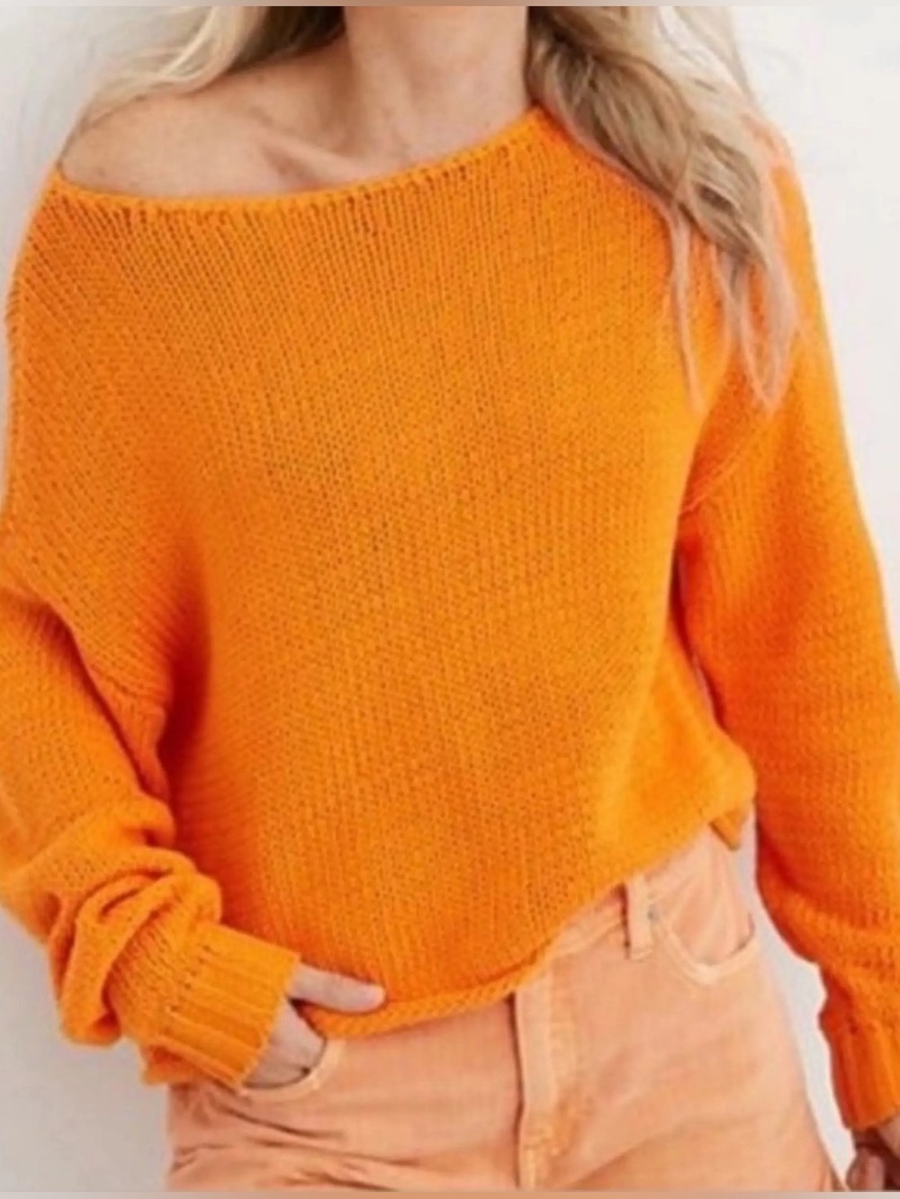Aerie Orange Cotton Blend Loose Knit Summer Sweater Off-Shoulder Roll Hem Size L